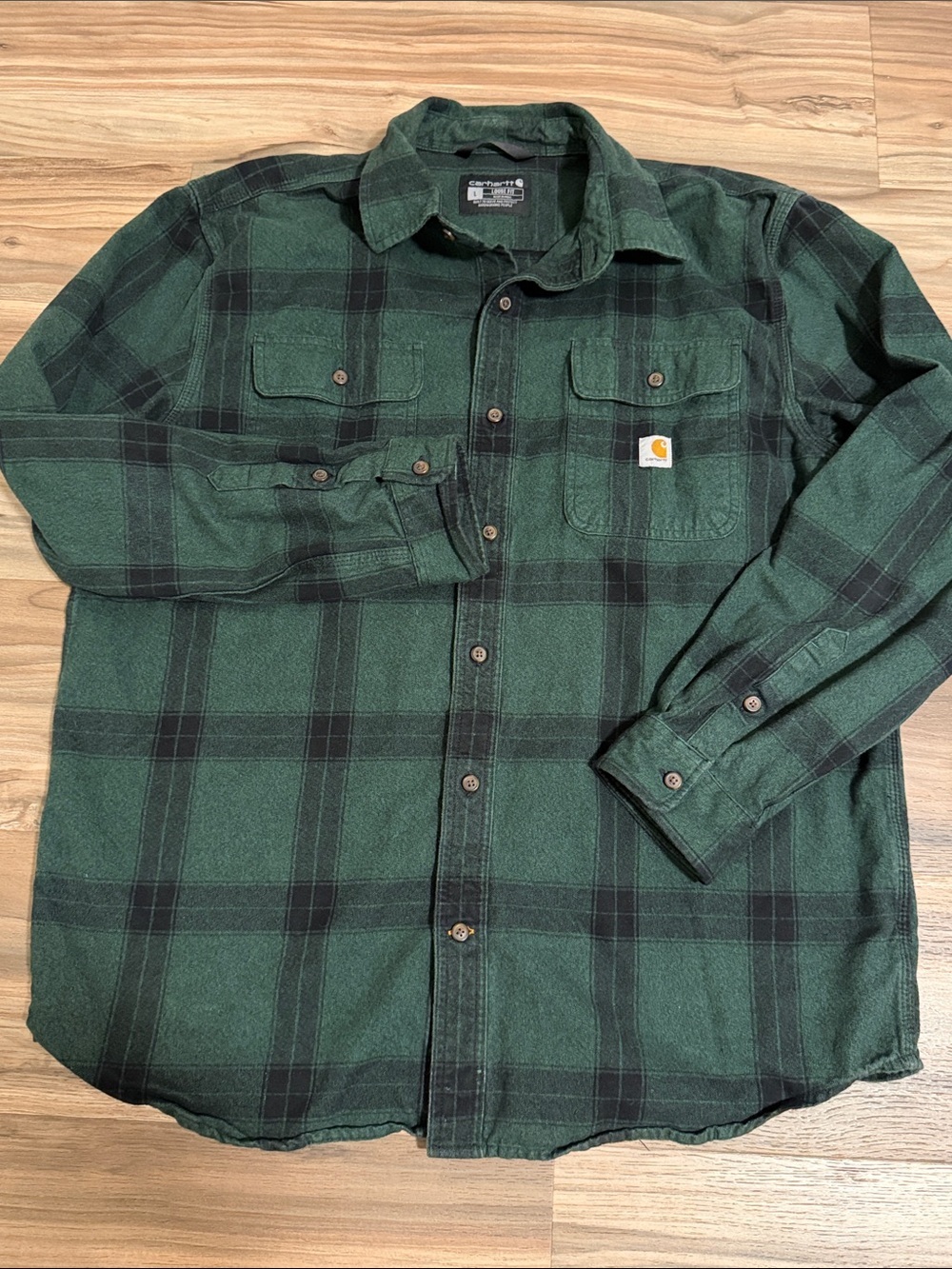 Carhartt Men’s L Loose Fit Flannel Heavy Button Down Shirt Green Plaid Cotton